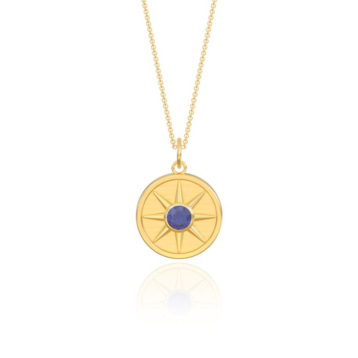 Personalized Sunburst Round Pendant Necklace with Birthstone
